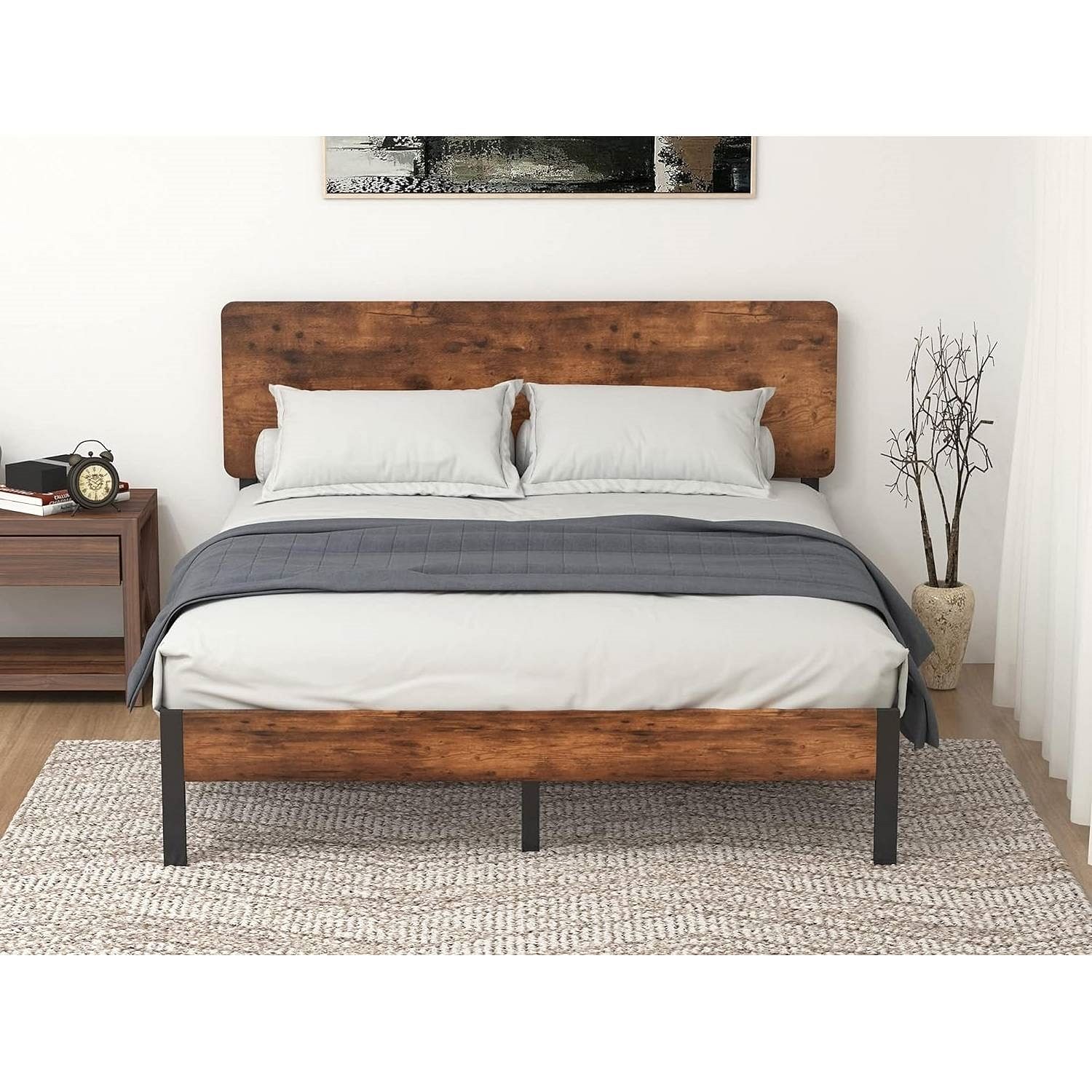 Queen Modern Metal Platform Bed Frame with Rustic Wood Headboard and Footboard - Free Shipping