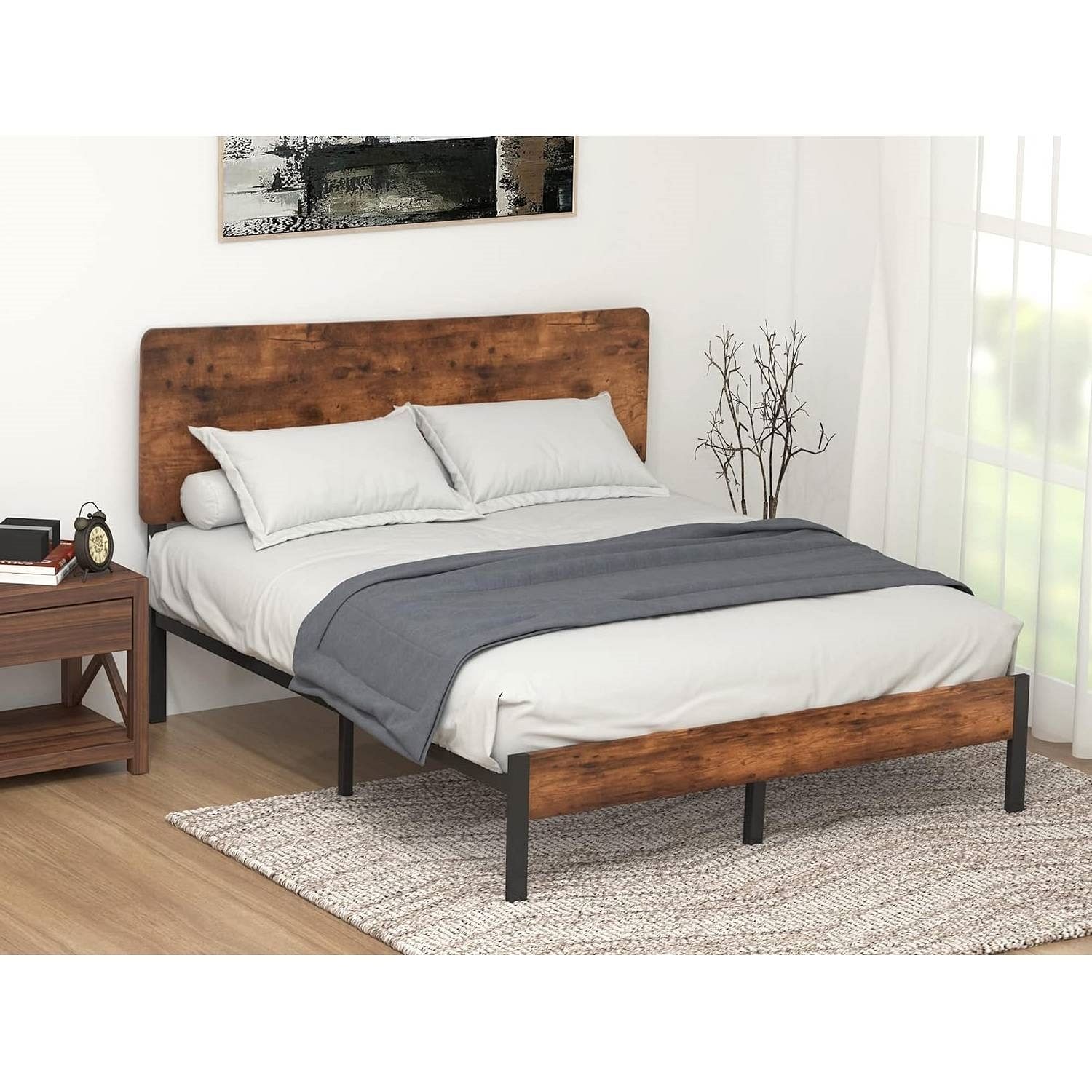 Queen Modern Metal Platform Bed Frame with Rustic Wood Headboard and Footboard - Free Shipping