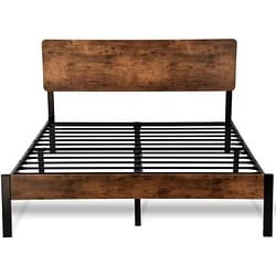 Queen Modern Metal Platform Bed Frame with Rustic Wood Headboard and Footboard - Free Shipping