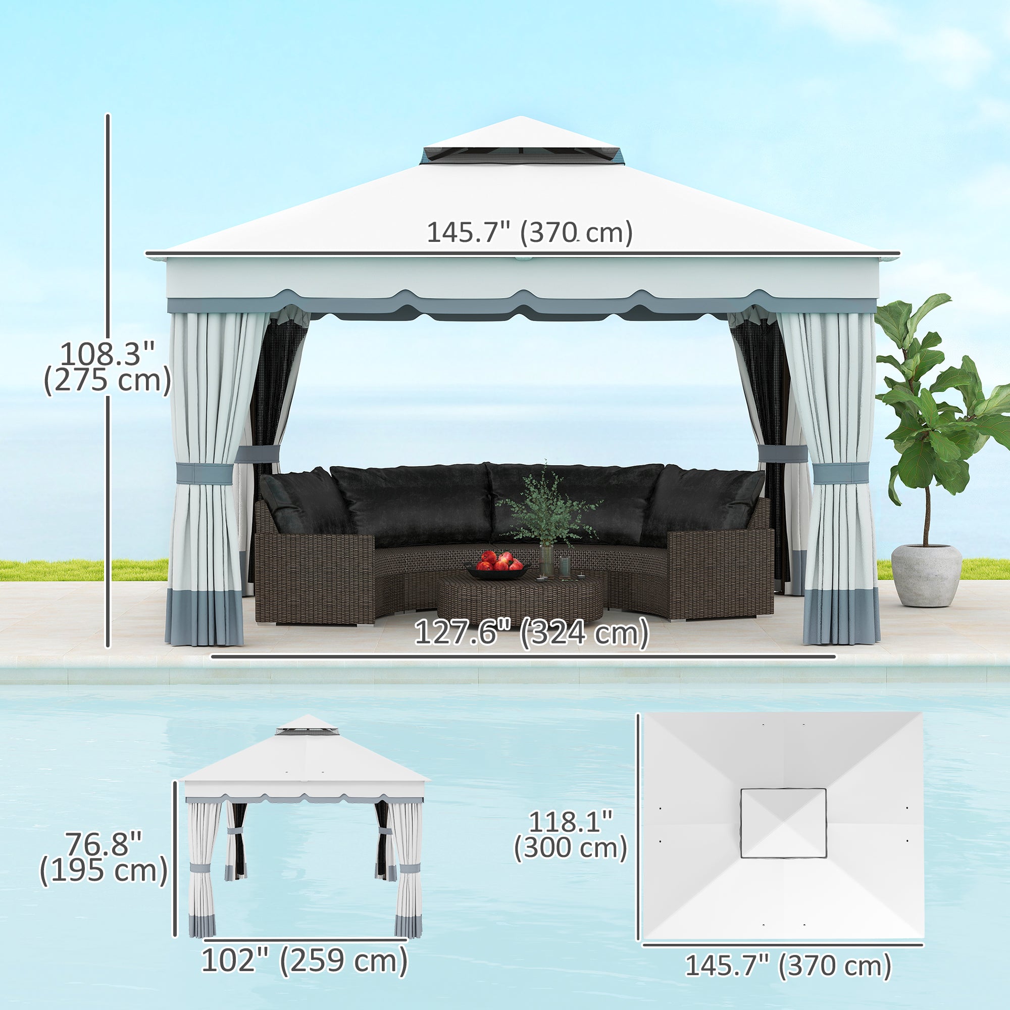 Outsunny 10' x 12' Double Roof Patio Gazebo Canopy, Outdoor Gazebo Shelter with Netting & Curtains, for Garden, Lawn and Deck 