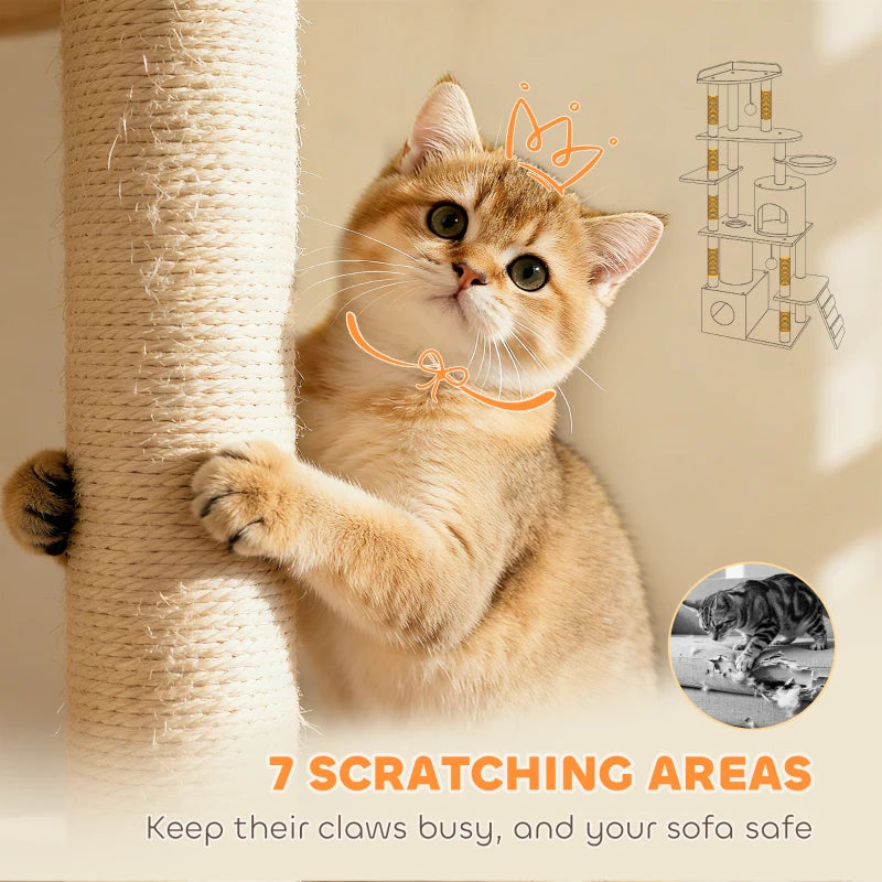 67" Large Cat Tree with 7 Scratching Posts, Tunnel, 2 Condos, Hammock, Perch, Ramp, Pompoms, Dark Grey