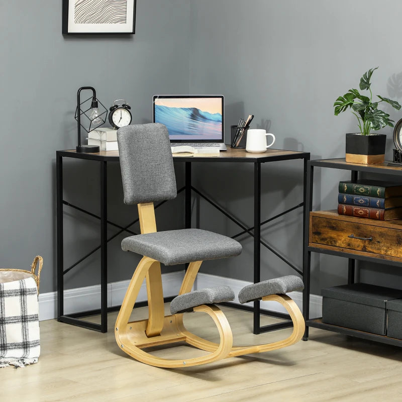 Ergonomic Kneeling Chair, Rocking Wood Kneel Stool with Backrest for Improve Posture, Back Pain, Grey