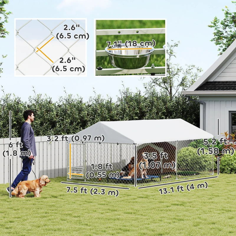 Outdoor Dog Run w/ Adjustable & Rotating Bowls, Water-Resistant UV-Resistant Cover, Secure Lock, 13.1' x 7.5' x 5.2'