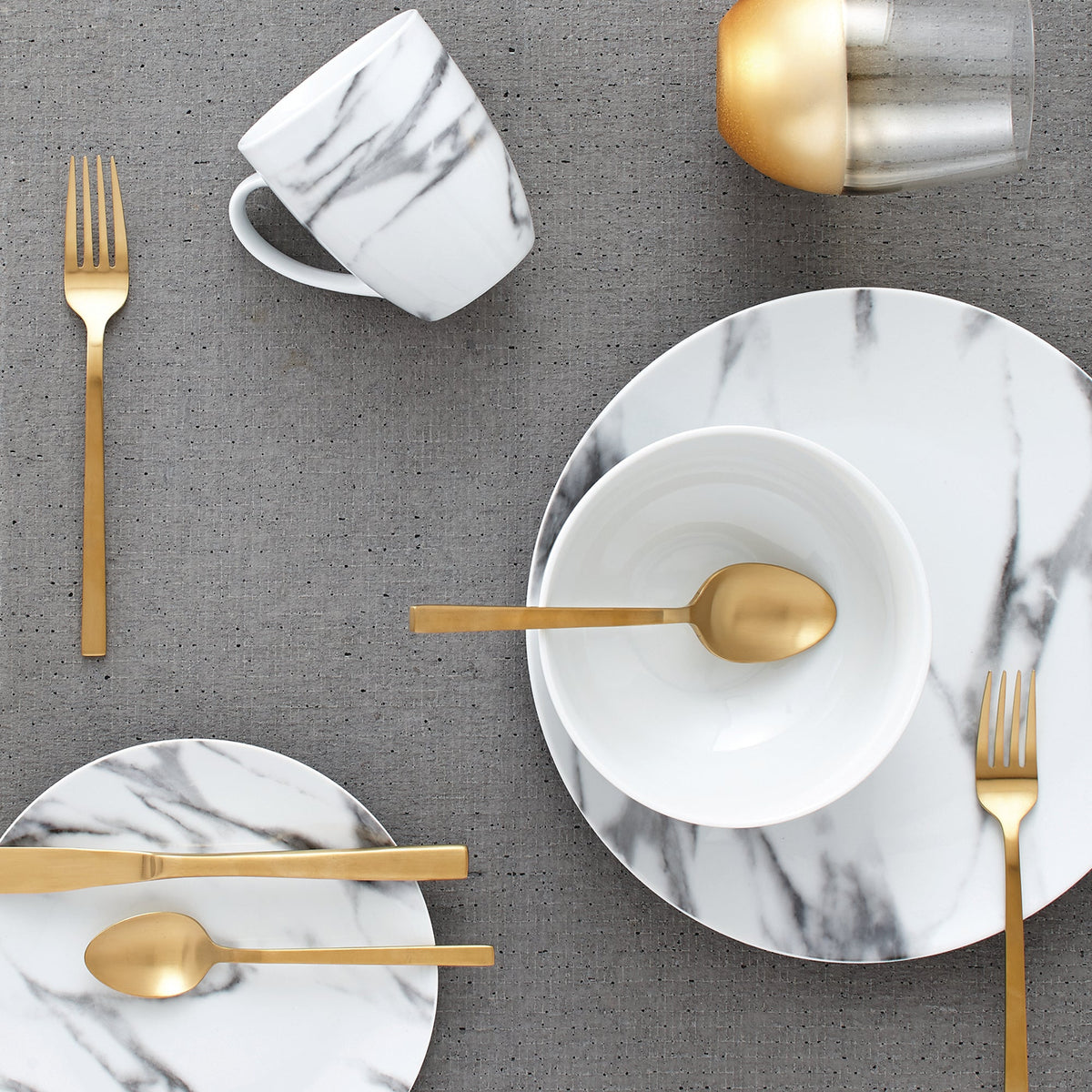 Dinnerware Set with Gold Flatware, Porcelain, 16-Piece Dinnerware, Grey Marble Look – Marble