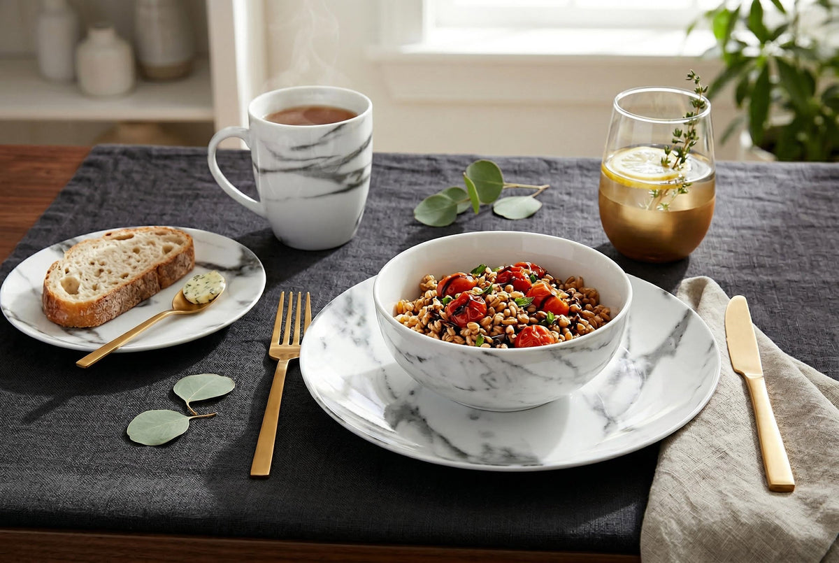 Dinnerware Set with Gold Flatware, Porcelain, 16-Piece Dinnerware, Grey Marble Look – Marble