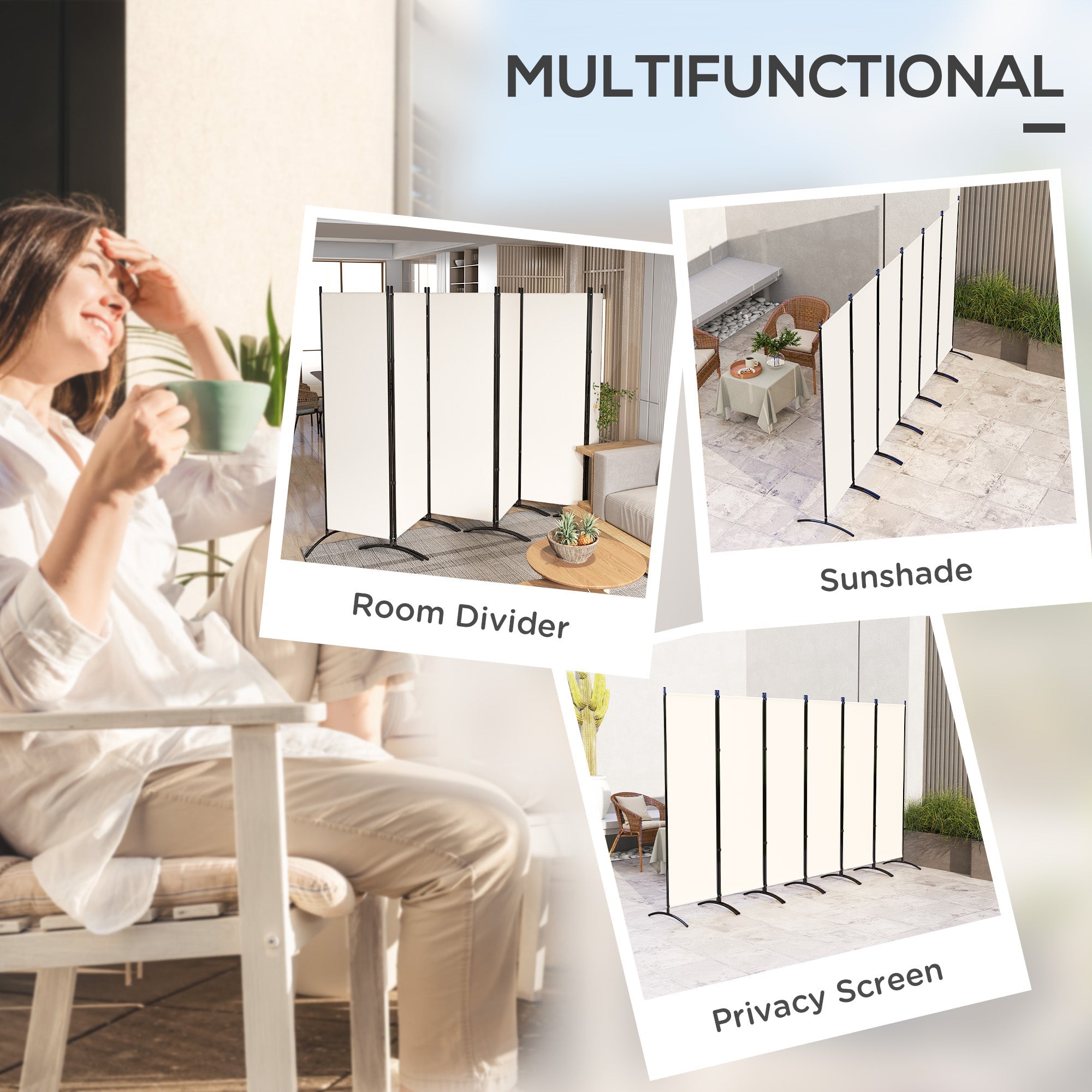 Outsunny 6 Panel Folding Room Divider, UV30+ Privacy Screen, Indoor Outdoor Privacy Panel with Stable Base, Beige 