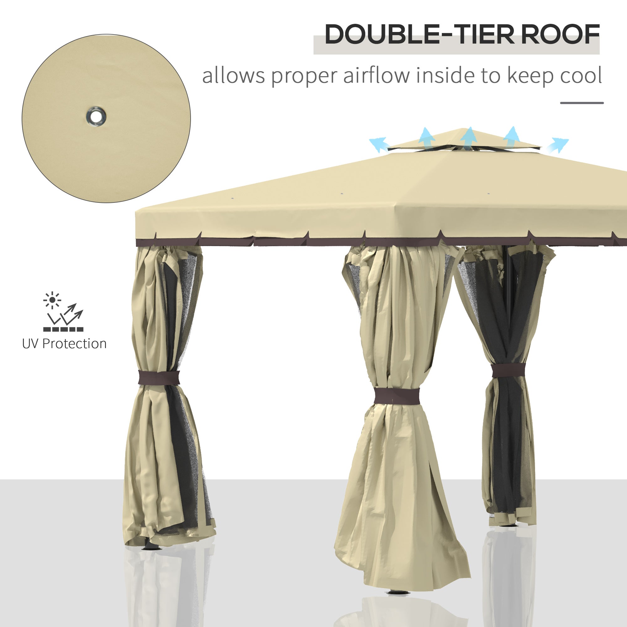 Outsunny 10' x 10' 2-Tier Outdoor Gazebo Canopy Tent with Zippered Mesh Sidewalls, Aluminum Frame for Patio, Backyard, Beige 