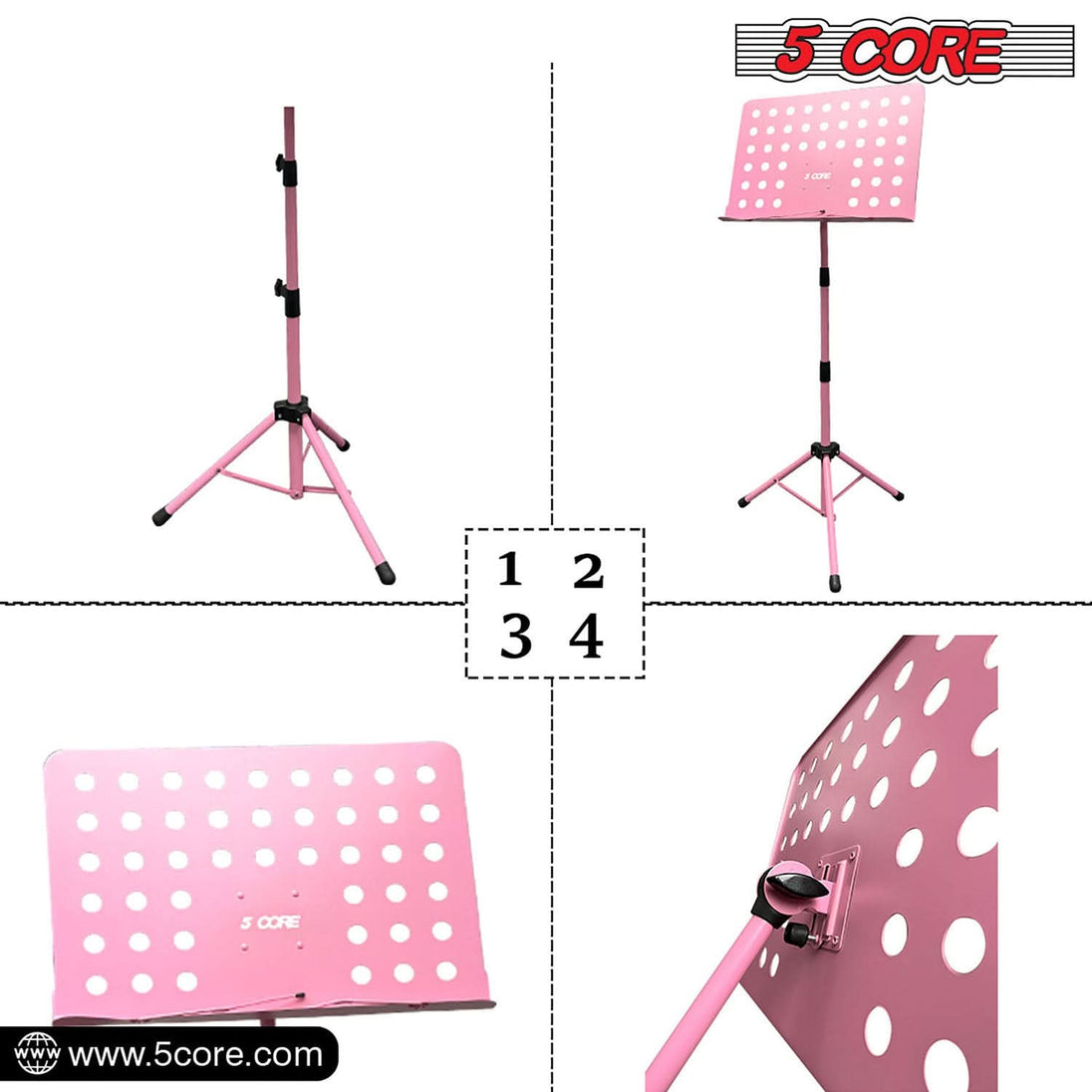 5Core Adjustable Music Stand for Sheet Music Portable Tripod Folding Note Holder Pink