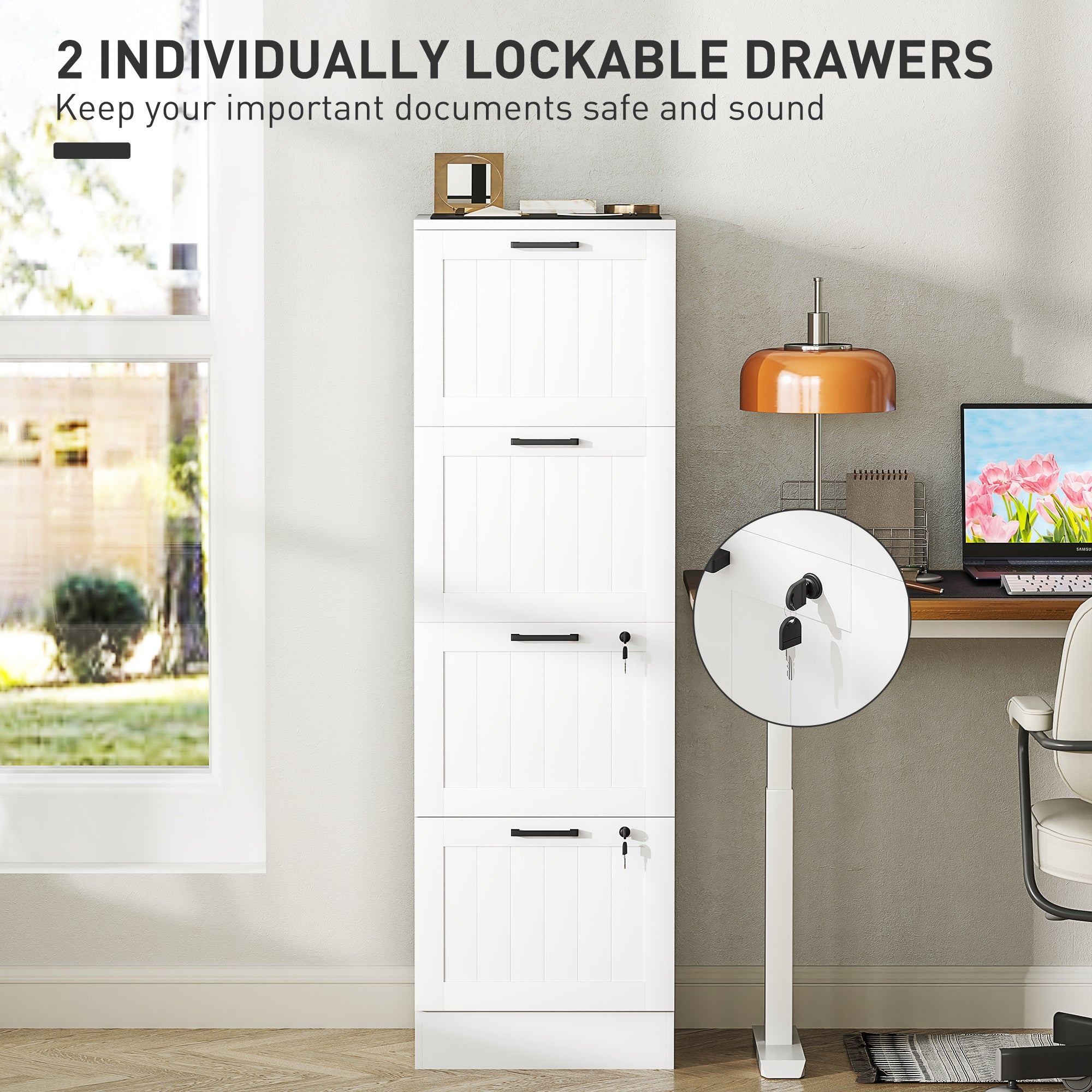 HOMCOM 4 Drawer Filing Cabinet with Lock, Office Storage Cabinet with Adjustable Hanging Bars for A4 Letter Size Files, White 