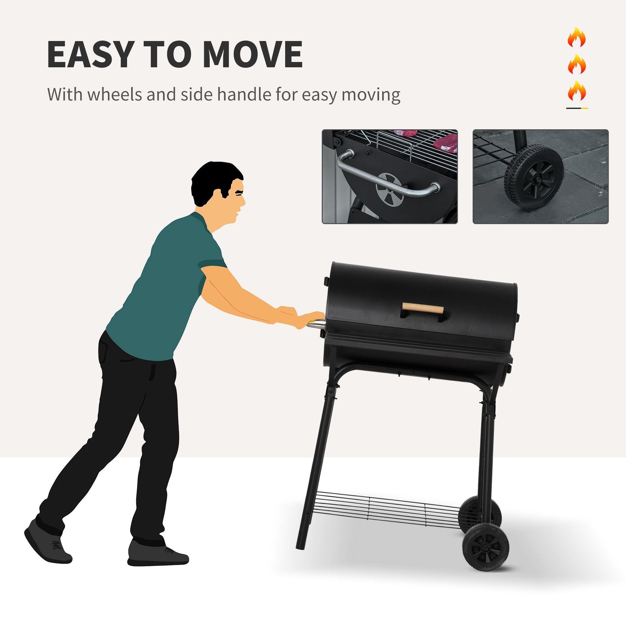 Outsunny 30" Charcoal Barbecue Grill with Wheels Outdoor Barbecue with Adjustable Charcoal Rack, Storage Shelf, Wheel, for Garden Camping Picnic 