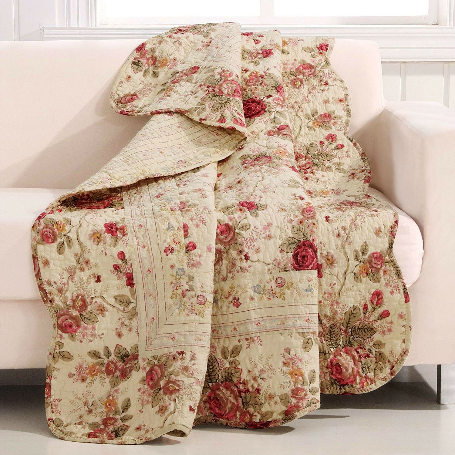 Red Pink Gold Ecru Floral Roses Quilt Throw Blanket in 100% Cotton - Free Shipping