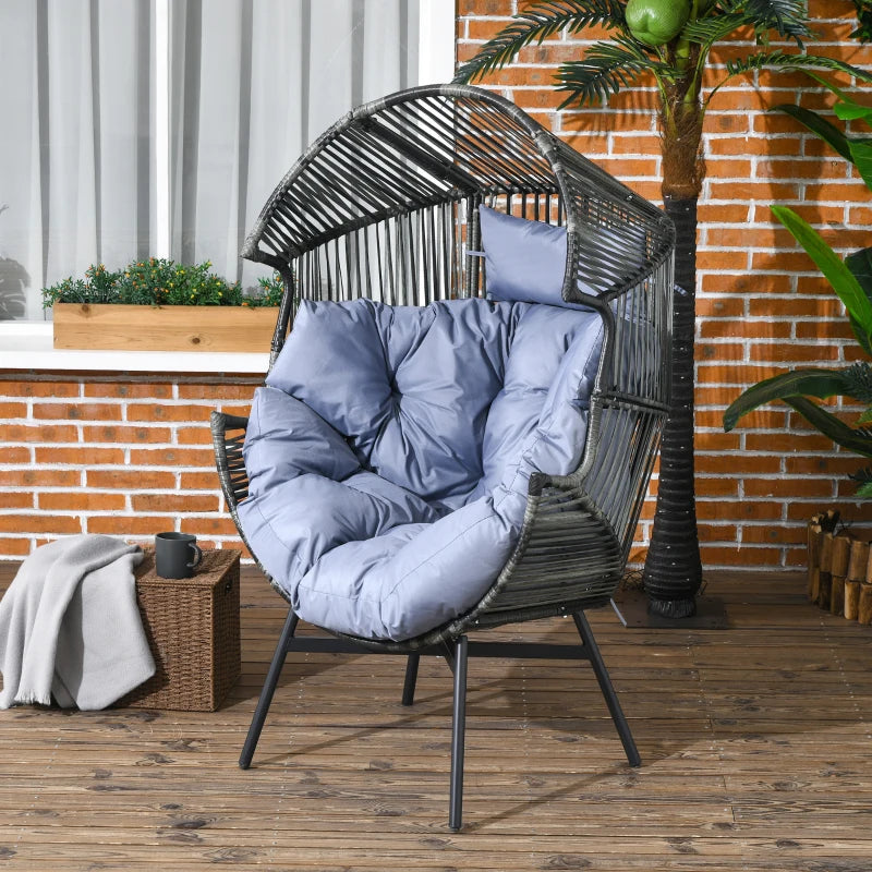 Wicker Egg Chair Outdoor Indoor Rattan Oversized Patio Lounge Chair with 5.5" Cushions and Headrest, Grey