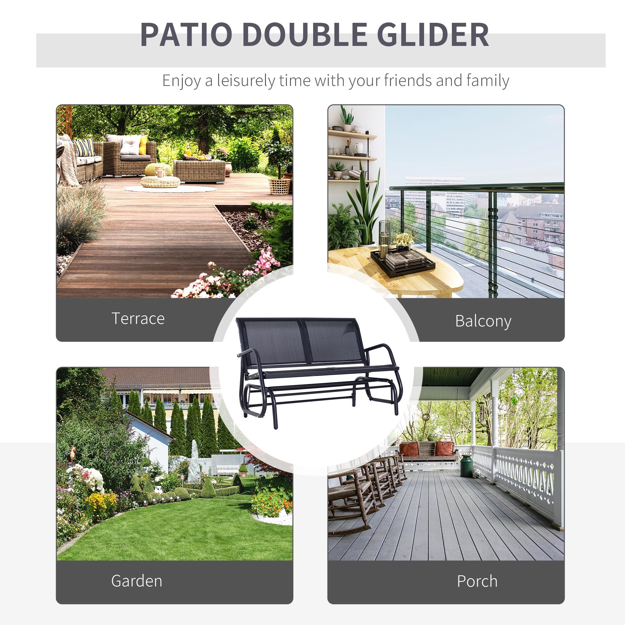 Outsunny Patio Double Glider Bench Swing Chair Rocker Heavy-Duty Loveseat Outdoor Garden Rocking Bench Steel Frame Sling Fabric Seat 
