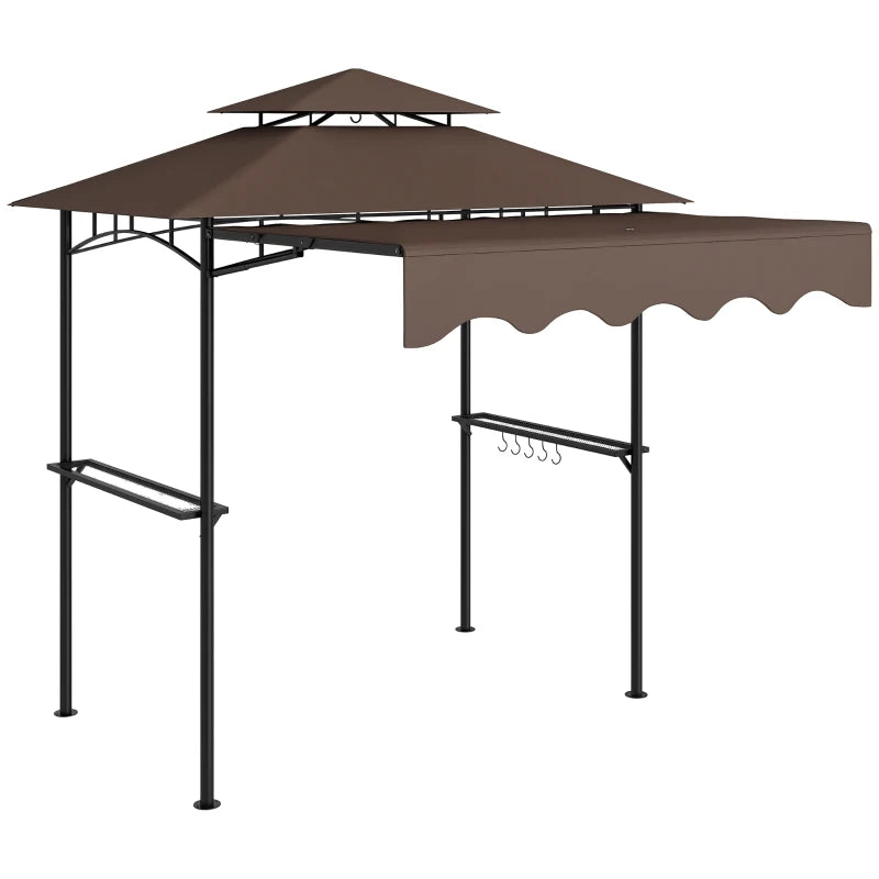 8' x 7.6' Grill Gazebo, Double Tiered Barbecue Grill Gazebo Shelter w/ Side Awning, 2 Side Shelves, 6 Hooks, Brown