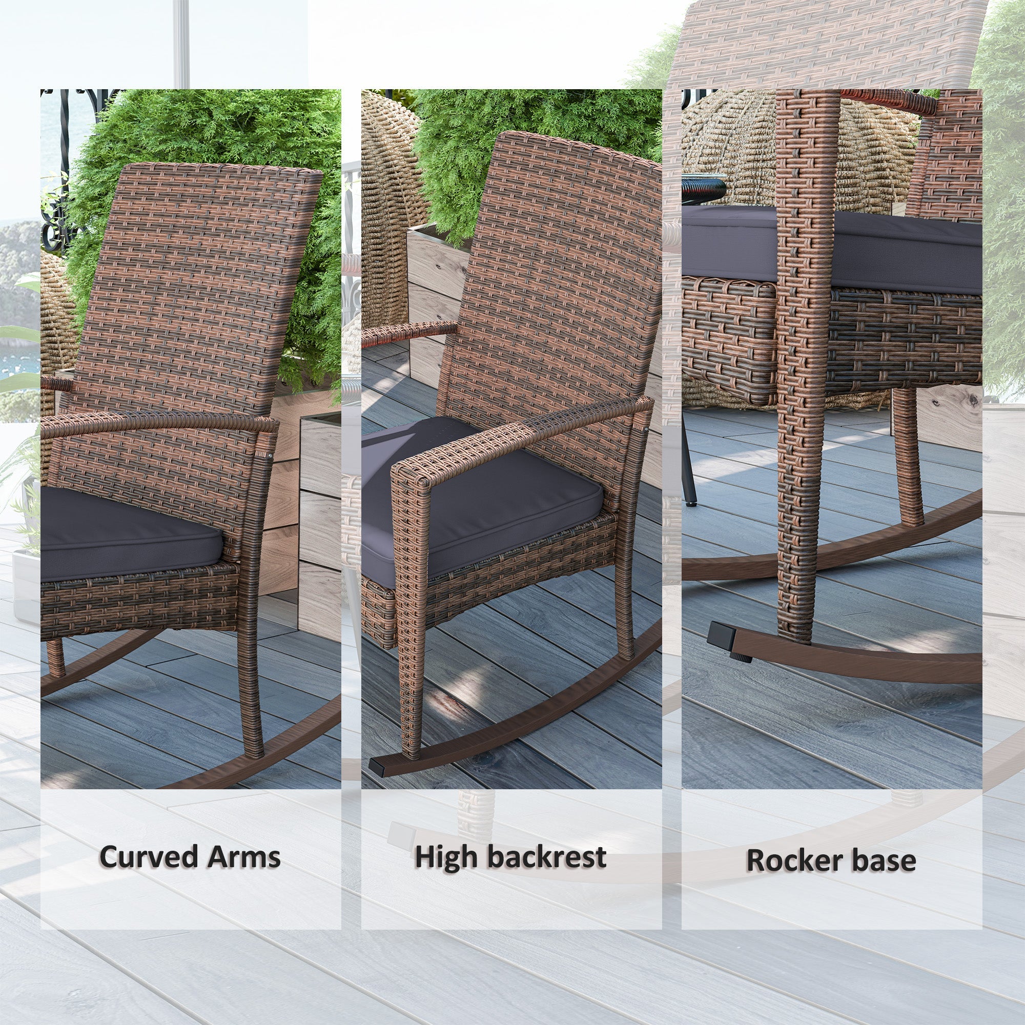 Outsunny Outdoor PE Rattan Rocking Chair, Garden Glider Rocking Chair, Wicker Patio Chair Set with Armrest and Cushion, Dark Blue 