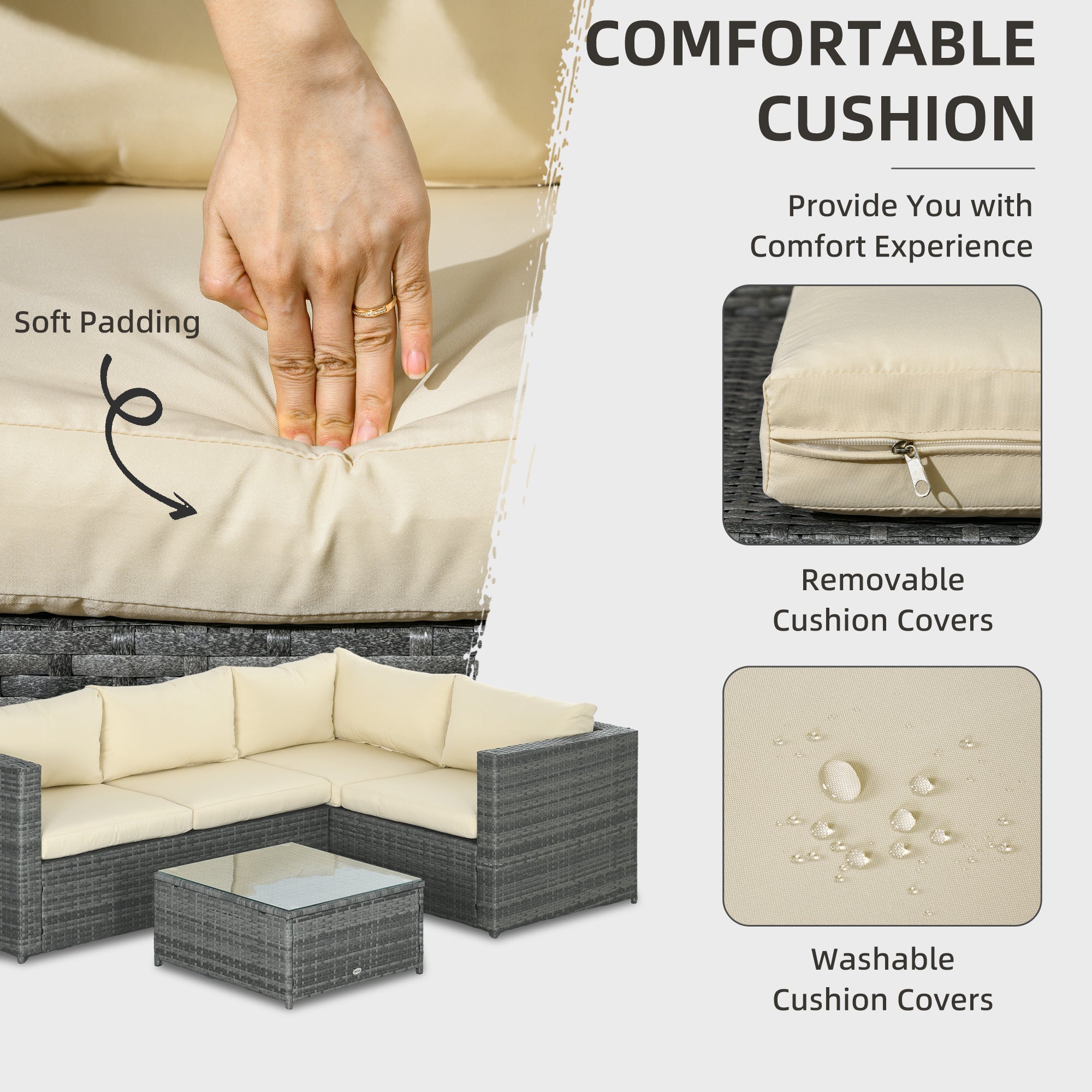 Outsunny Rattan Wicker 3-Piece Patio Set, Outdoor Conversation Furniture with Loveseats, Coffee Table, Beige Cushions 