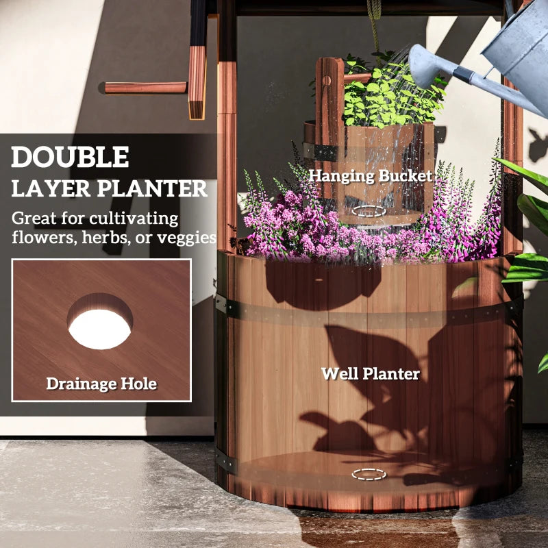 Wood Wishing Well Outdoor Wooden Planter with Hanging Bucket and Drainage Hole for Garden, Patio, Backyard, Tan
