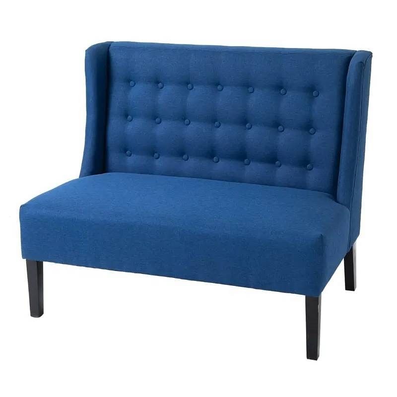 Scandinavian 2 Seater Button Tufted Loveseat Wooden Legs Blue Linen - Free Shipping