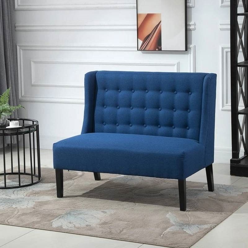 Scandinavian 2 Seater Button Tufted Loveseat Wooden Legs Blue Linen - Free Shipping