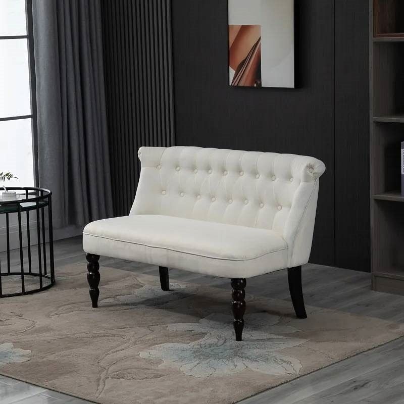 Scandinavian 2 Seater Button Tufted Loveseat Wooden Legs Cream White Linen - Free Shipping