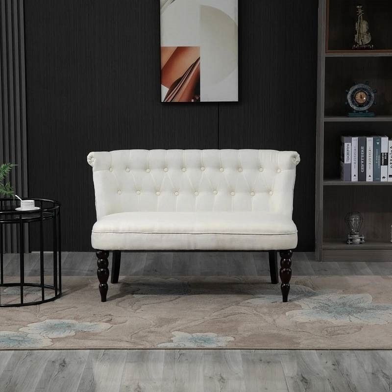 Scandinavian 2 Seater Button Tufted Loveseat Wooden Legs Cream White Linen - Free Shipping