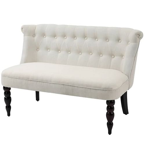 Scandinavian 2 Seater Button Tufted Loveseat Wooden Legs Cream White Linen - Free Shipping 