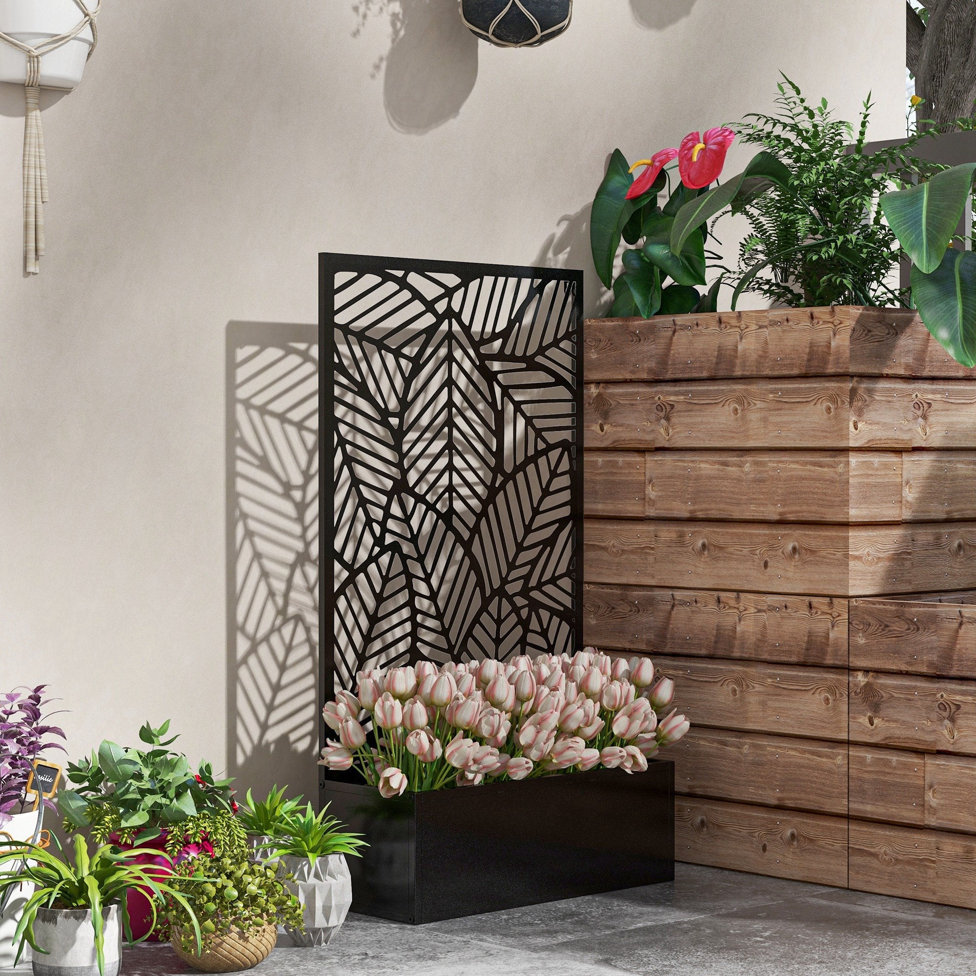 Outsunny Metal Outdoor Raised Garden Bed with Privacy Screen, Privacy Panel and Planter Box, Wall-Mounted or Freestanding, Black 
