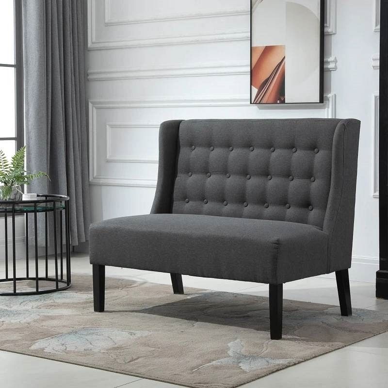 Scandinavian 2 Seater Button Tufted Loveseat Wooden Legs Gray Linen - Free Shipping