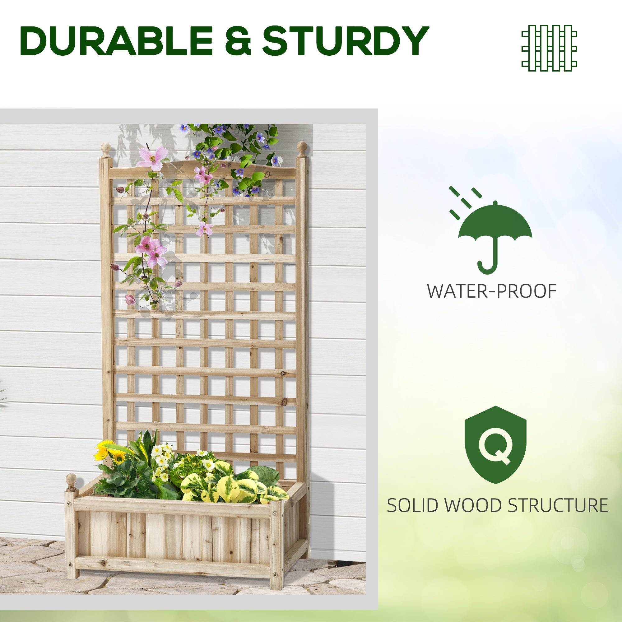 Outsunny Raised Garden Bed with Trellis, Wood Planter Box for Garden, Free Standing Flower Bed, 25.2" x 11" x 47.2" Natural Wood 