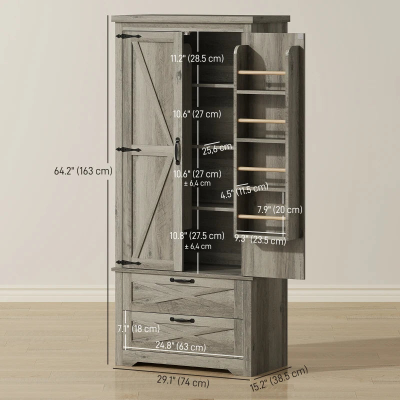 Farmhouse Kitchen Pantry Storage Cabinet, 64" Freestanding Kitchen Pantry Cabinet with Drawers, Distressed Grey