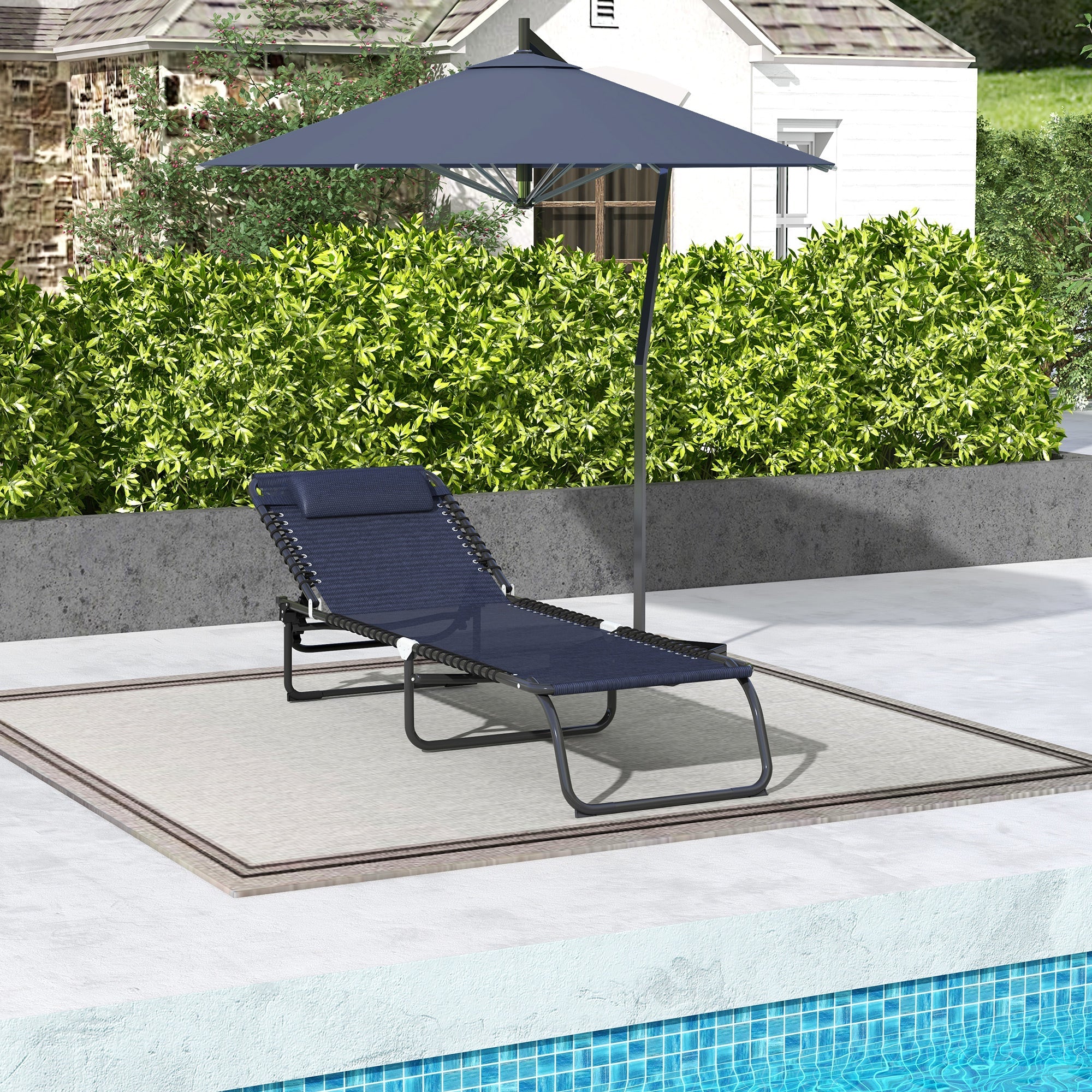 Outsunny Folding Lounge Chair, Adjustable Chaise Lounge with Headrest, Reclining Lounger Cot for Camping, Hiking, Dark Blue 