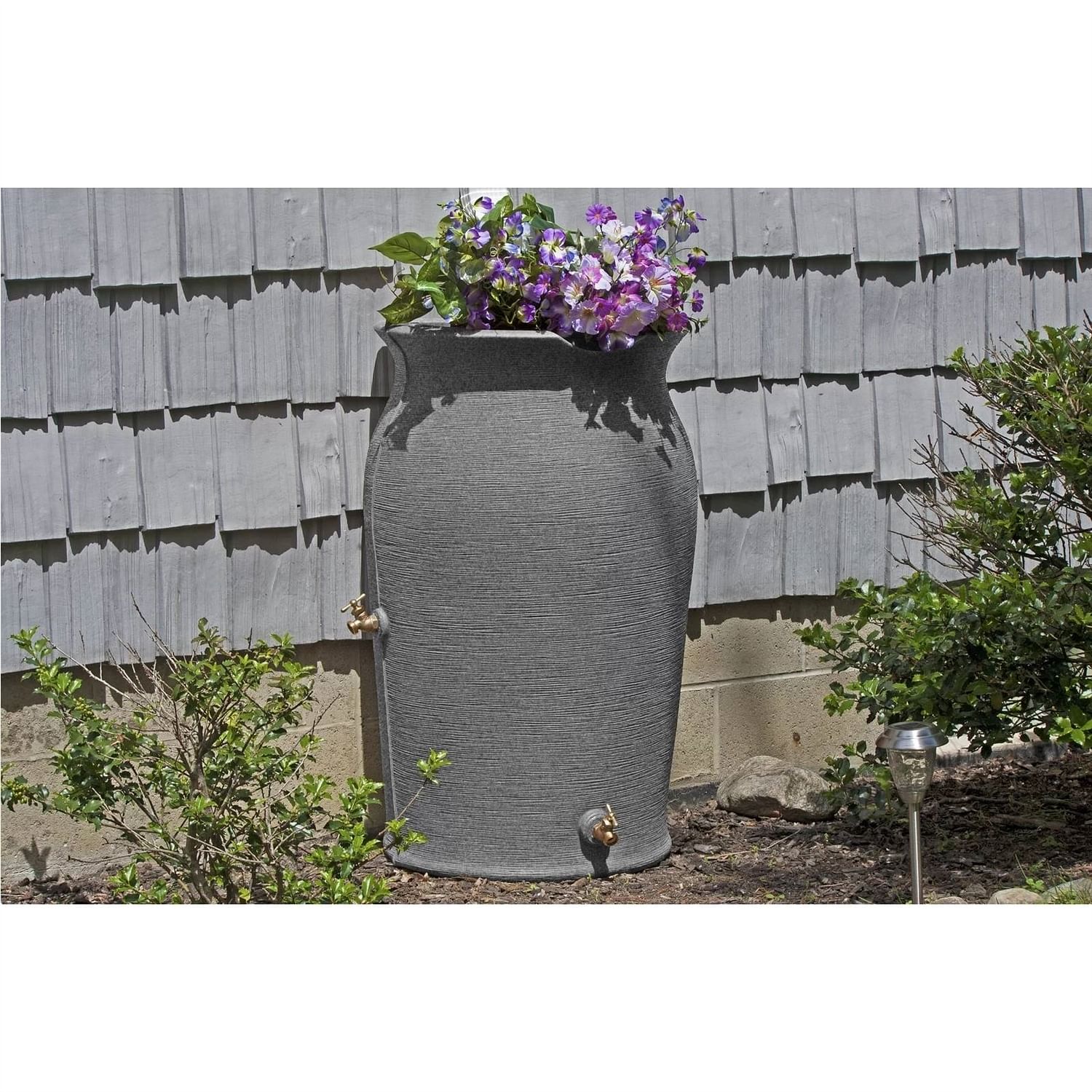Dark Grey Granite 50-Gallon Plastic Urn Rain Barrel with Planter Top - Free Shipping 