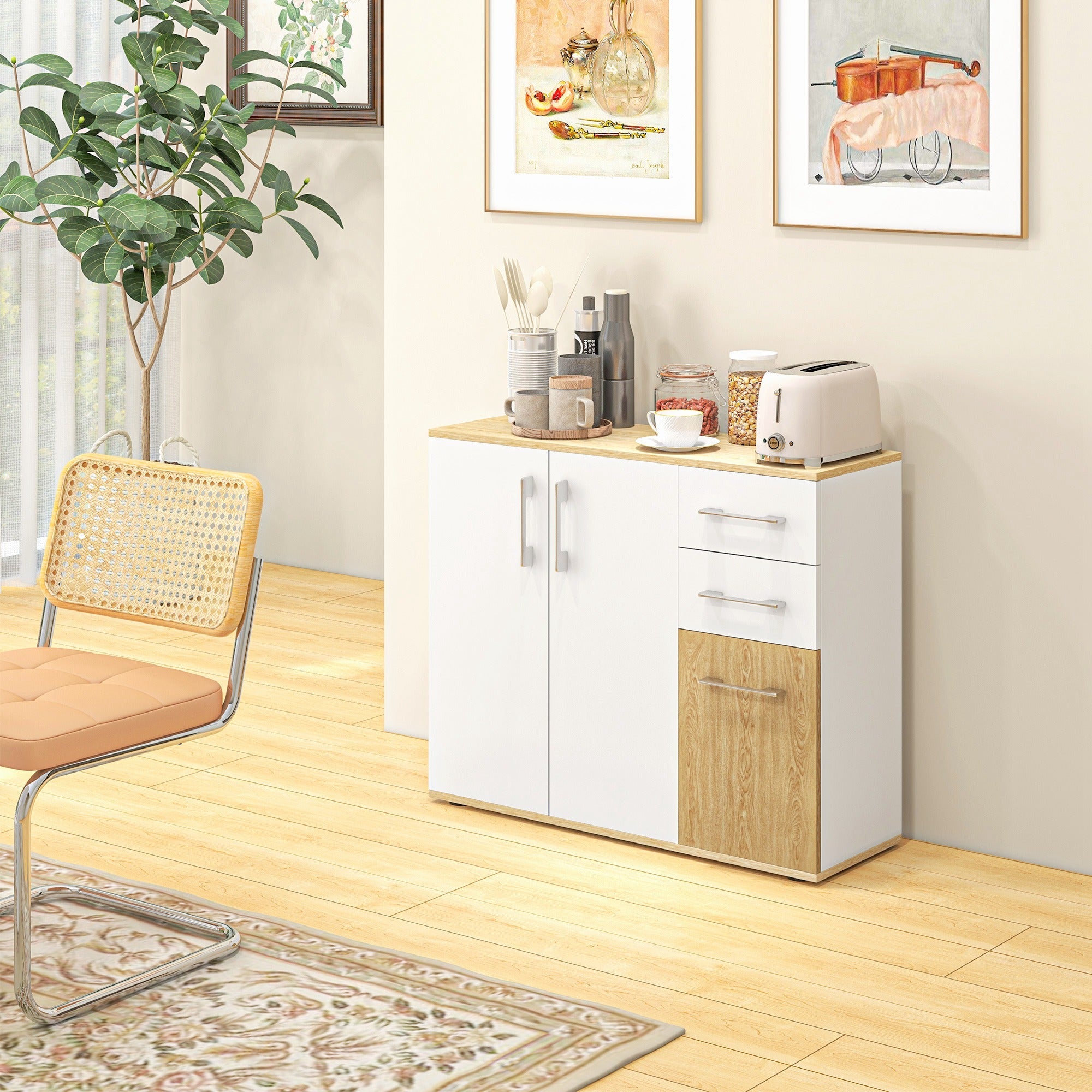 HOMCOM Elegant Sideboard Cabinet White Freestanding Buffet with Doors Drawers Adjustable Shelf for Dining Room Kitchen 