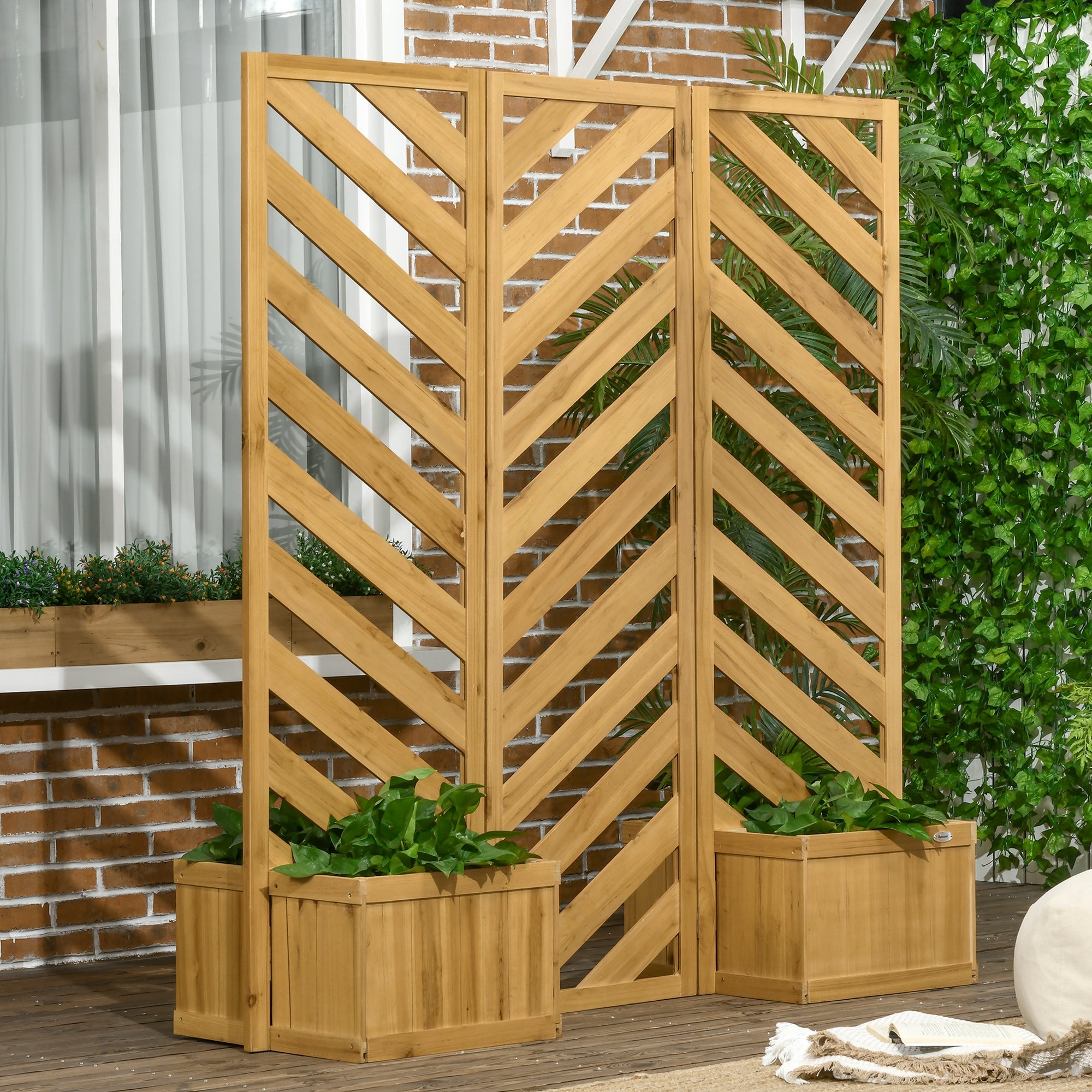 Outsunny Outdoor Privacy Screen with Raised Garden Beds 4 Self-Draining Panels for Pool Hot Tub Freestanding 