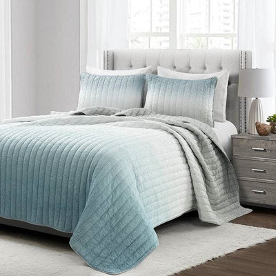 Full/Queen Aqua Blue and Grey Lightweight Polyester Fabric 3 Piece Quilt Set - Free Shipping 