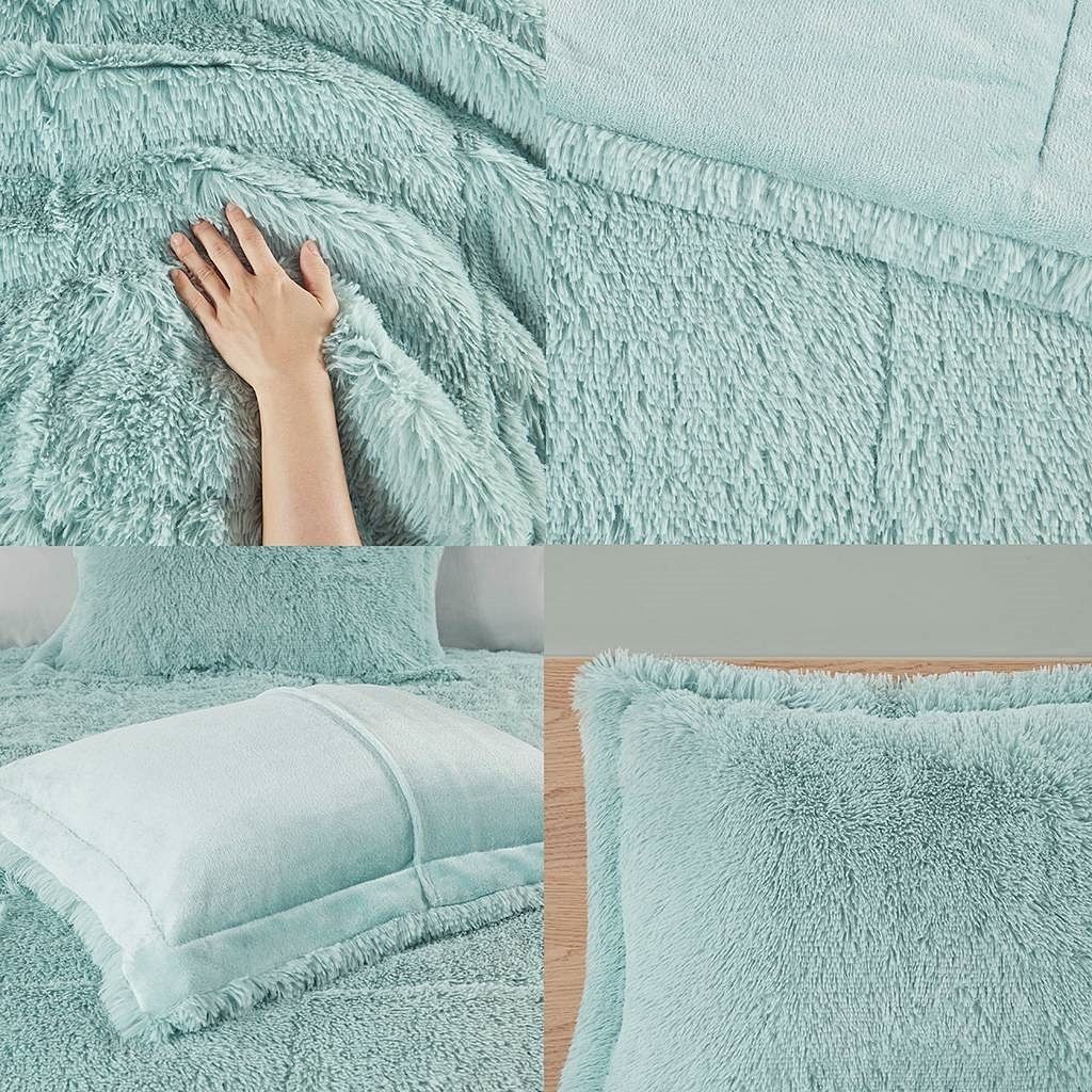 Full/Queen Soft Sherpa Faux Fur 3-Piece Comforter Set in Light Teal Blue - Free Shipping 