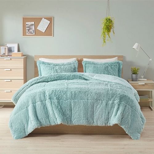 Full/Queen Soft Sherpa Faux Fur 3-Piece Comforter Set in Light Teal Blue - Free Shipping 