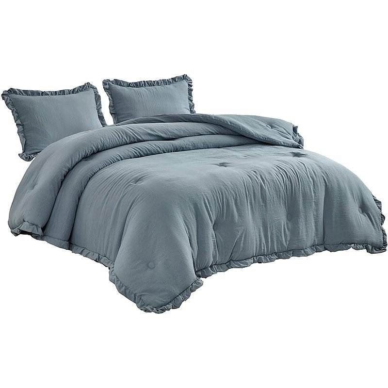Full Size Blue Stone Washed Ruffled Edge Microfiber 3-Piece Comforter Set - Free Shipping 