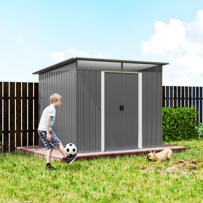 9' x 6.5' Outdoor Metal Garden Shed Utility Tool Storage Steel Backyard Storage House, Light Grey