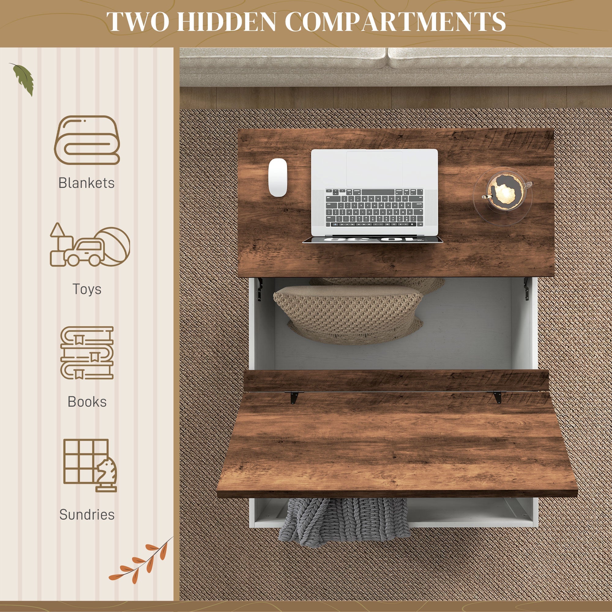 HOMCOM Coffee Table 32" Lift Top Flip-top Lids Farmhouse Hidden Compartments Living Room 