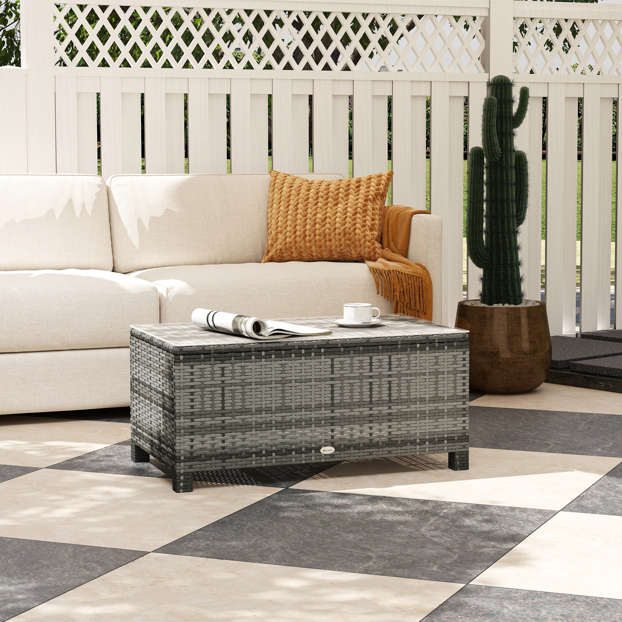Outsunny Rattan Wicker Coffee Table with Glass Top Outdoor Garden Patio Furniture Brown Tempered 