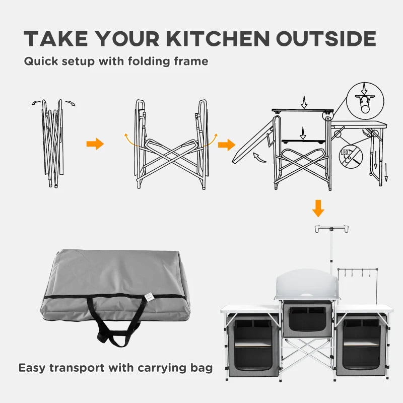 Aluminum Camping Kitchen, Portable Folding Camping Table with Fabric Cupboards, Windshield, Bag for BBQ, Picnic, Grey