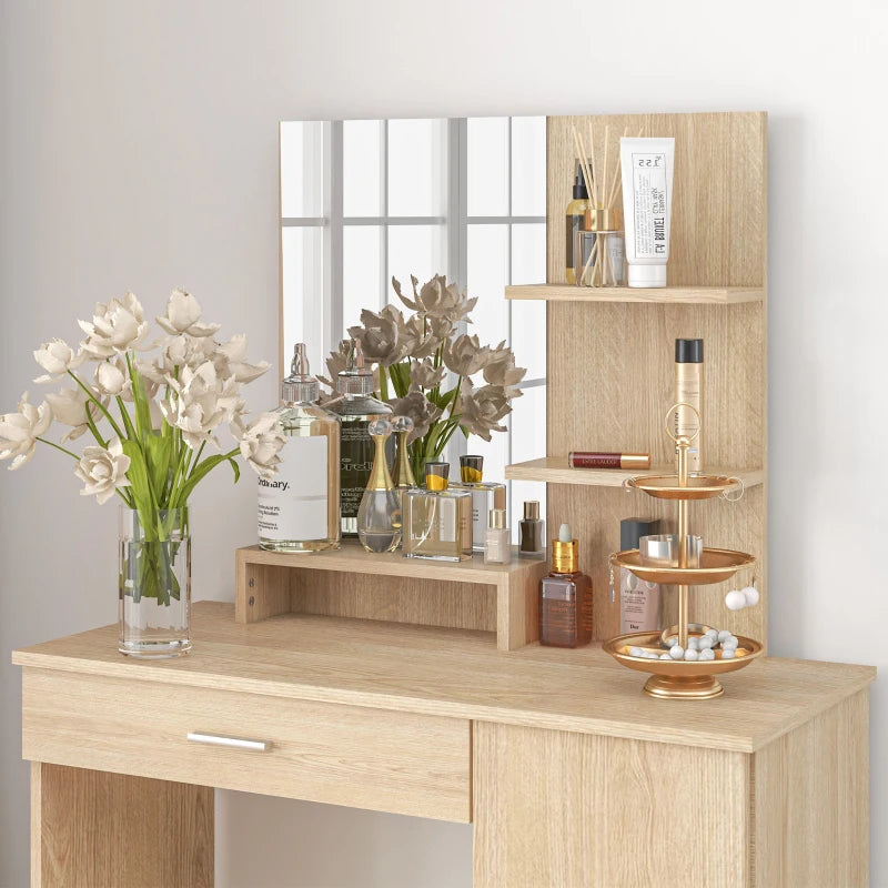 Vanity Desk with Mirror, Makeup Vanity w/ Drawer, Open Compartment and Shelves, Cabinet, Adjustable Shelves for Bedroom