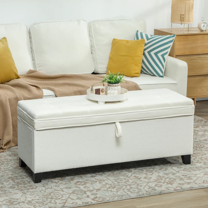 Storage Ottoman Bench, Foot Rest with Safety Hinges, 47 Inches Linen Storage Chest for Living Room, Cream White