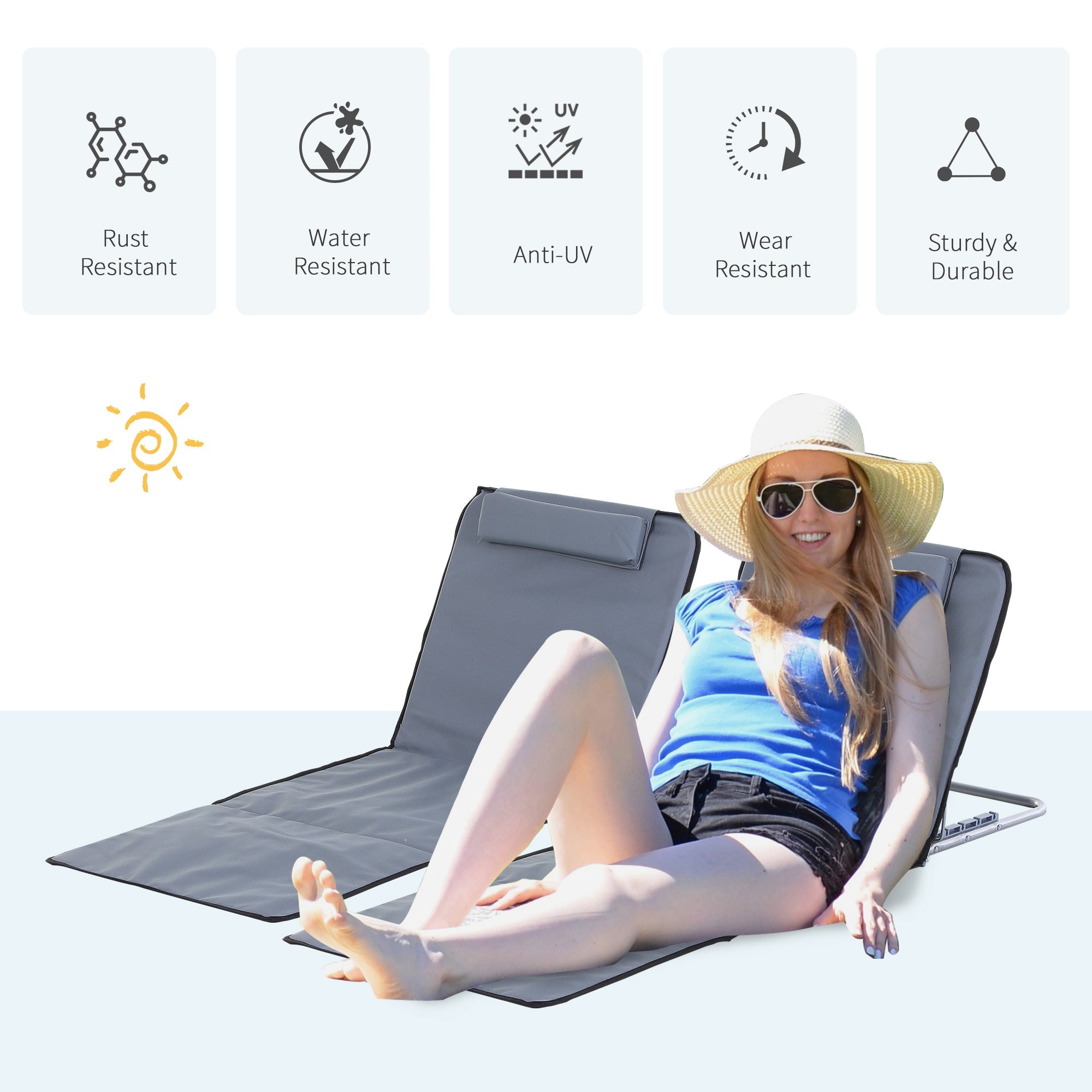 Outsunny 2 Pieces Beach Lounge Chair, Outdoor Folding Chaise Lounge Set w/ Pillow for Sunbath, Snap, Grey 