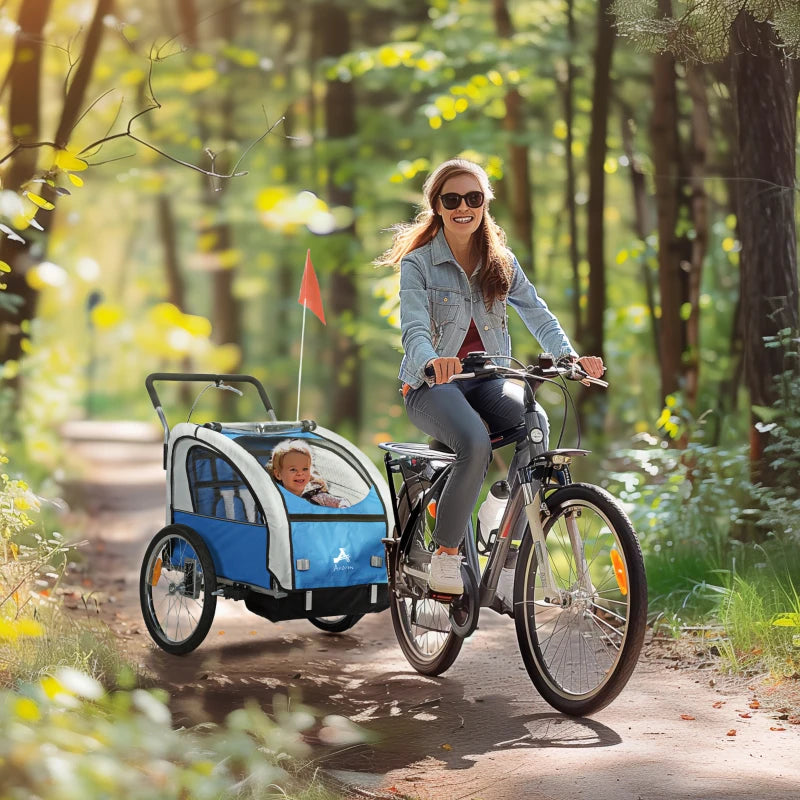 Aosom 2-in-1 Bike Trailer for Kids, Foldable 2-Seat Baby Stroller with 5-Point Harness, Rubber Wheels, Storage Bag, Blue