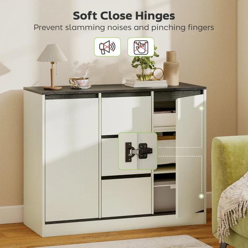 Buffet Cabinet with Soft-Close Hinges, Modern Sideboard with 3 Drawers and 2 Adjustable Shelves, White Wood Grain