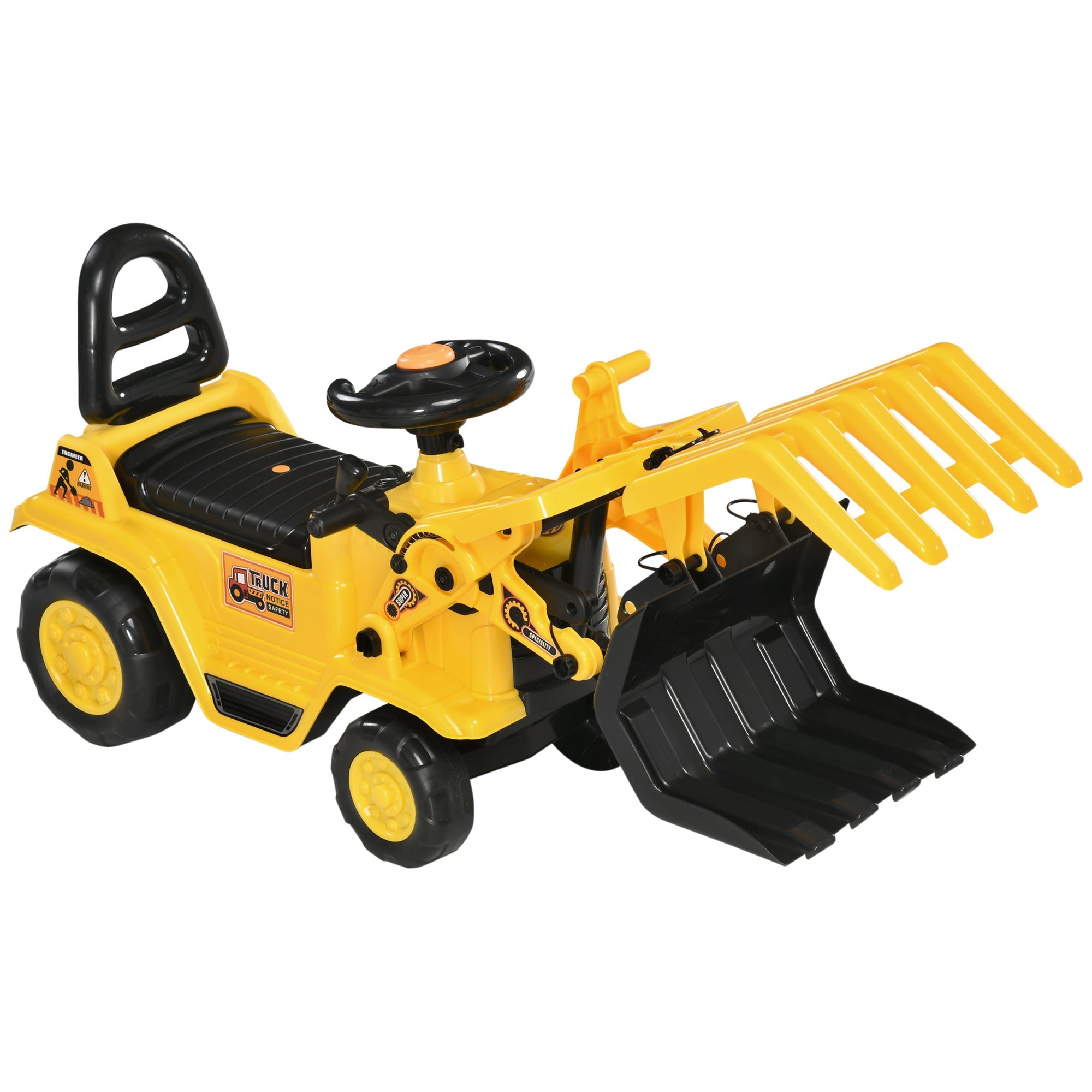 Aosom Ride On Excavator Toy No Power Digger Realistic Sound Grabber Under Seat Storage for 3-4 Years Old 
