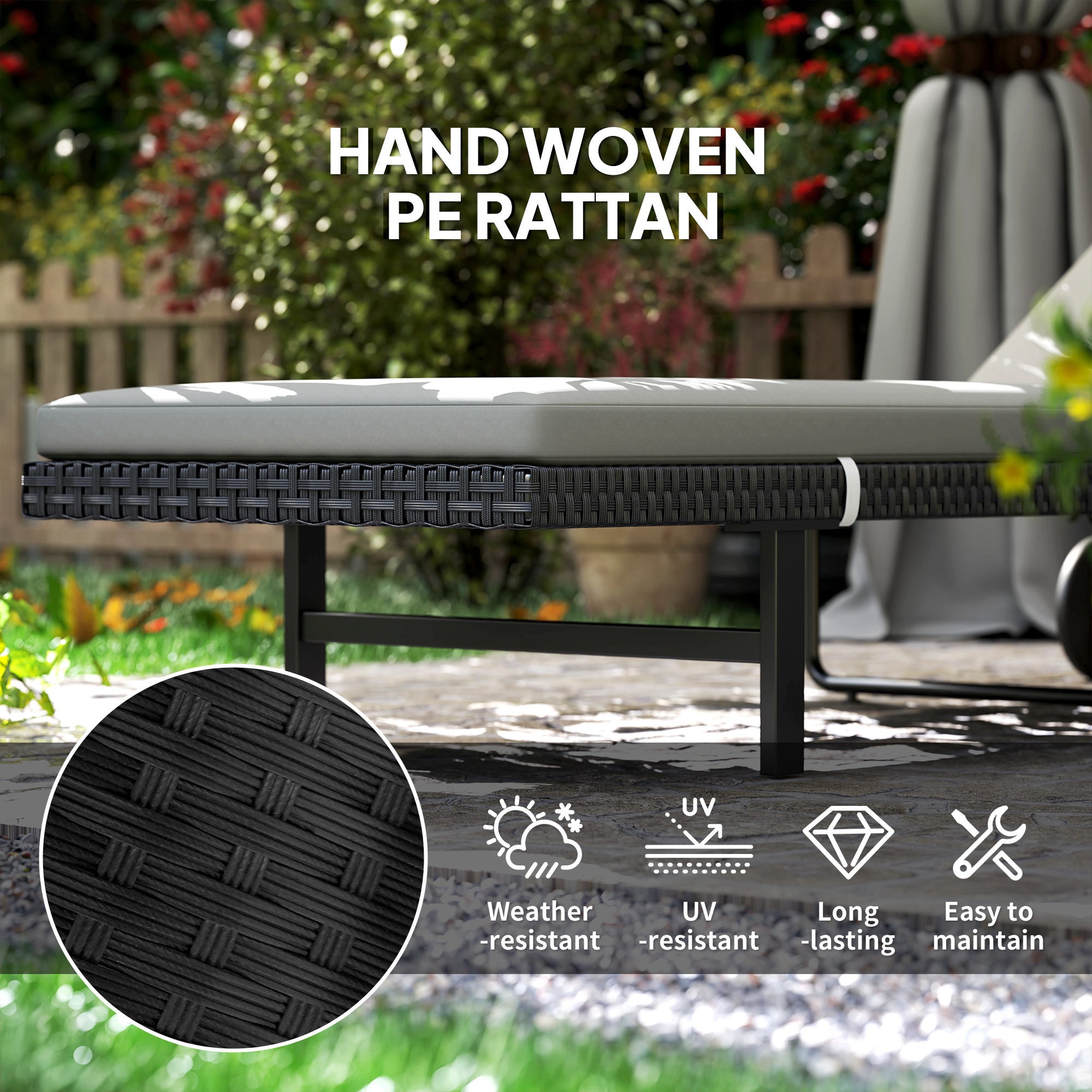 Outsunny PE Rattan Tanning Chair, Outdoor Patio Lounger with 5-Level Adjustable Back, Wheels and Cushion, Grey 