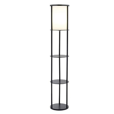Modern Asian Style Round Shelf Floor Lamp in Black with White Shade - Free Shipping 